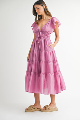 FUCHSIA RUFFLE MIDI DRESS