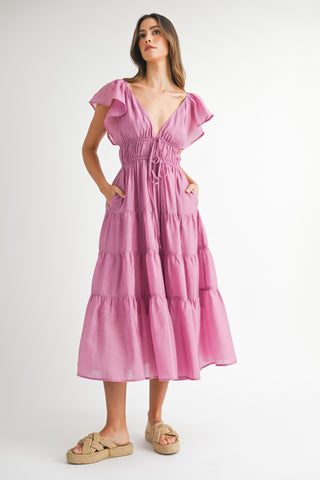 FUCHSIA RUFFLE MIDI DRESS