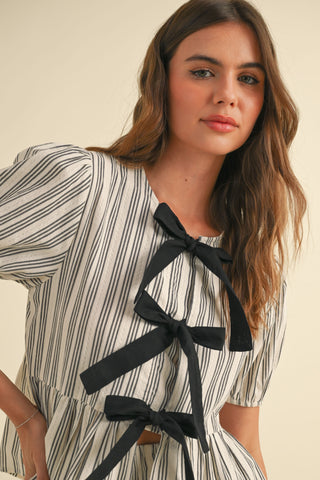 LEANDRA STRIPED TIE BLOUSE