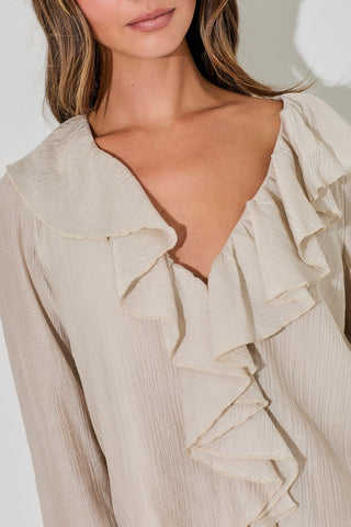 BEIGE LONG SLEEVE RUFFLE TOP