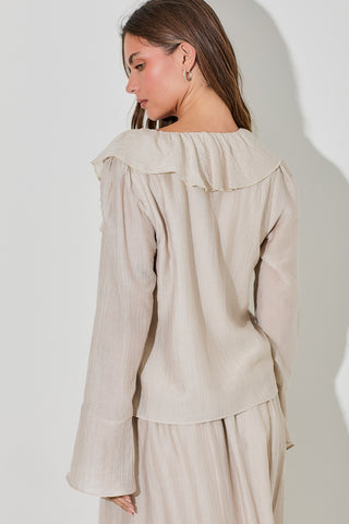 BEIGE LONG SLEEVE RUFFLE TOP