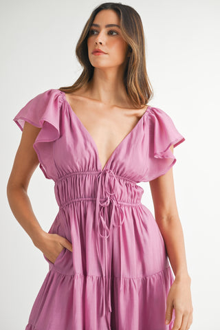 FUCHSIA RUFFLE MIDI DRESS