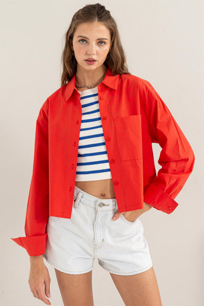 RED CROPPED BUTTON UP