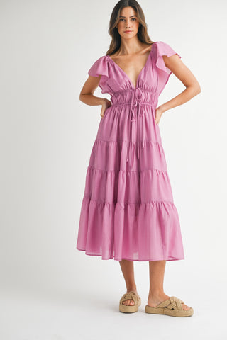 FUCHSIA RUFFLE MIDI DRESS